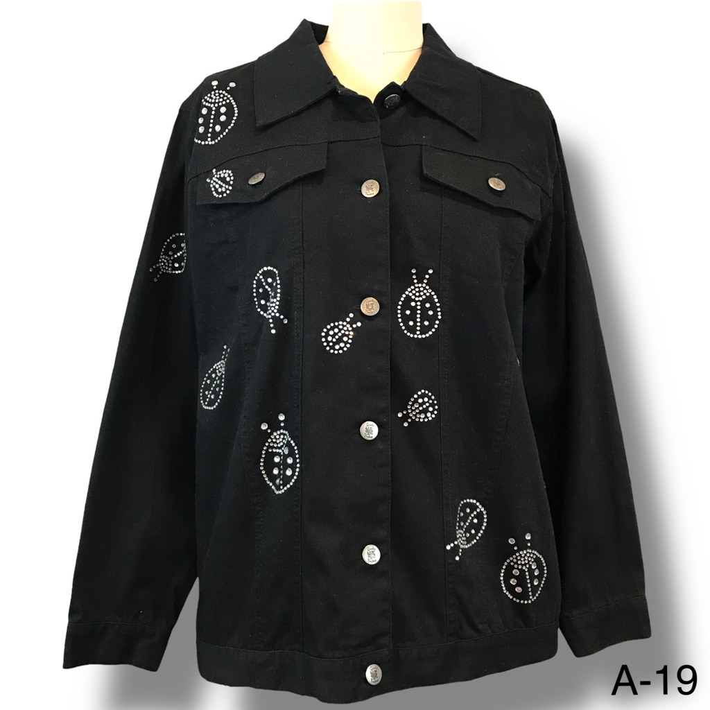 Quacker Factory Black Denim Sequined Lady Bug Jacket Sz S Button Down Fall